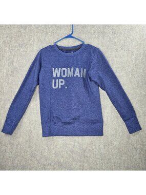 Anvil Ladies Crewneck Sweatshirt Blue "Woman Up" Graphic Size S Cotton Blend